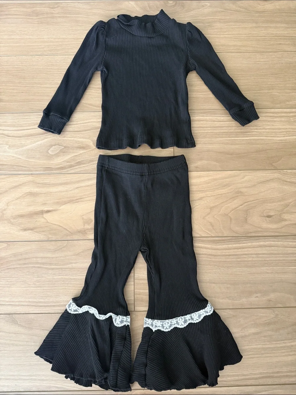 Kids Black Ribbed Top and Lace-Trim Flare Pants Set